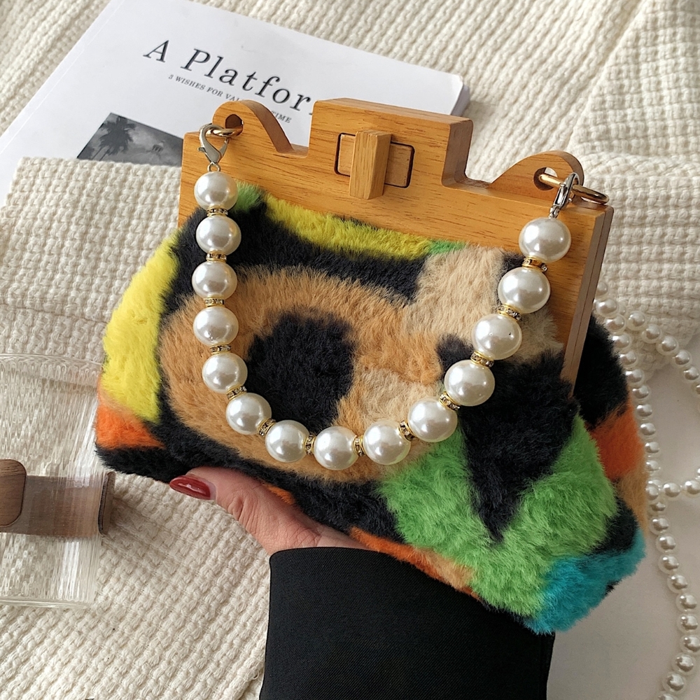 Faux Fur Multicolor Pearl-Handle Shoulder Bag